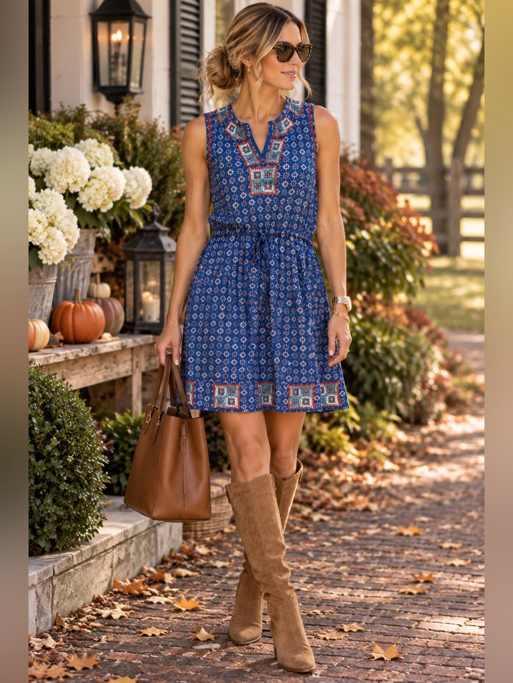 Irving & Fine for Lucky Brand Blue Embroidered Floral Sleeveless Dress Size M